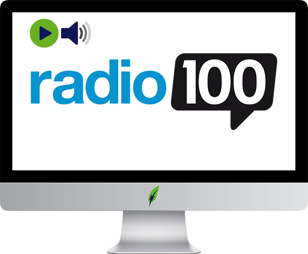 Afbeelding computerscherm met logo radiozender Radio 100 - Denemarken - in kleur op transparante achtergrond - 600 * 496 pixels